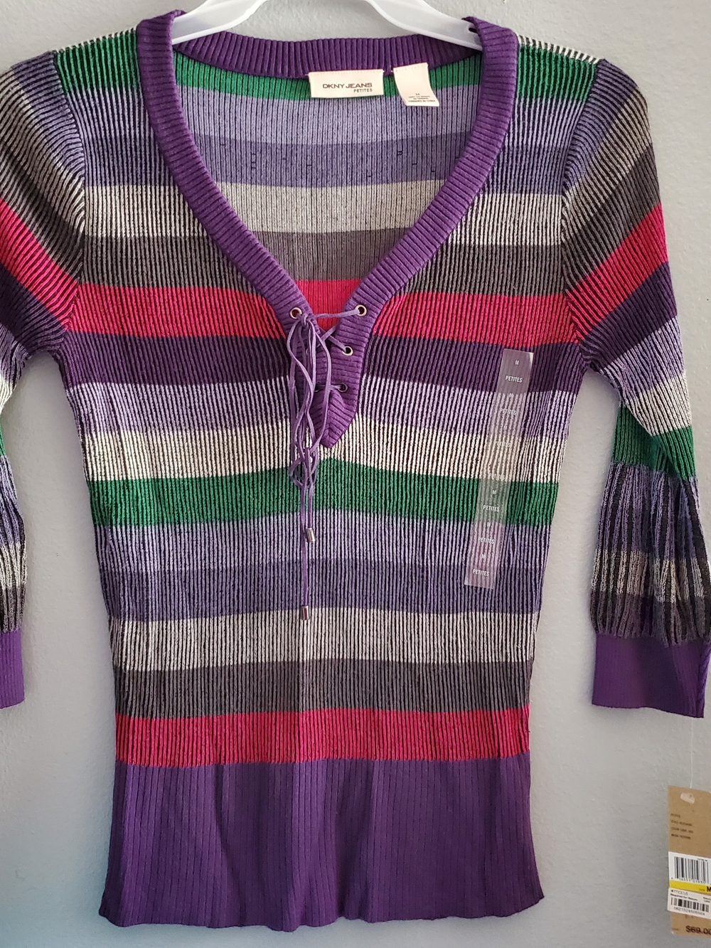 Vintage Y2K DKNY Jeans Sweater Med PETITE Striped Ribbed Lace-Up Whimsygoth NWT